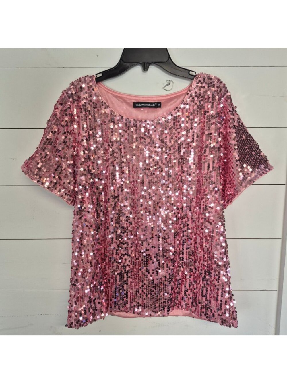 Party Pink Sequin Short Sleeve Top Size M - Picture 2 of 5